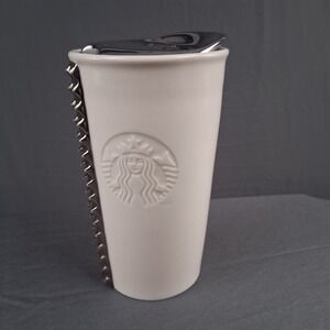 Starbucks White Ceramic Travel Tumbler‎ Silver Studded Accent Chrome Lid 10 oz